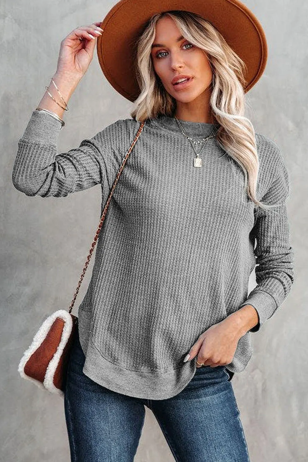 Gray Crew Neck Ribbed Trim Waffle Knit Top sold by Beagle Boutique product image thumbnail 3
