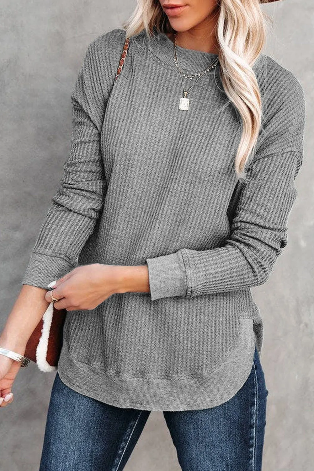 Gray Crew Neck Ribbed Trim Waffle Knit Top sold by Beagle Boutique