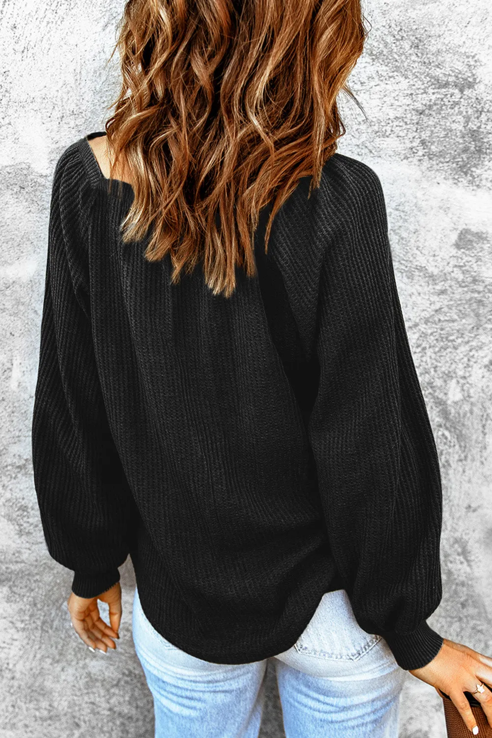 Black Scoop Neck Puff Sleeve Waffle Knit Top sold by Beagle Boutique product image thumbnail 2