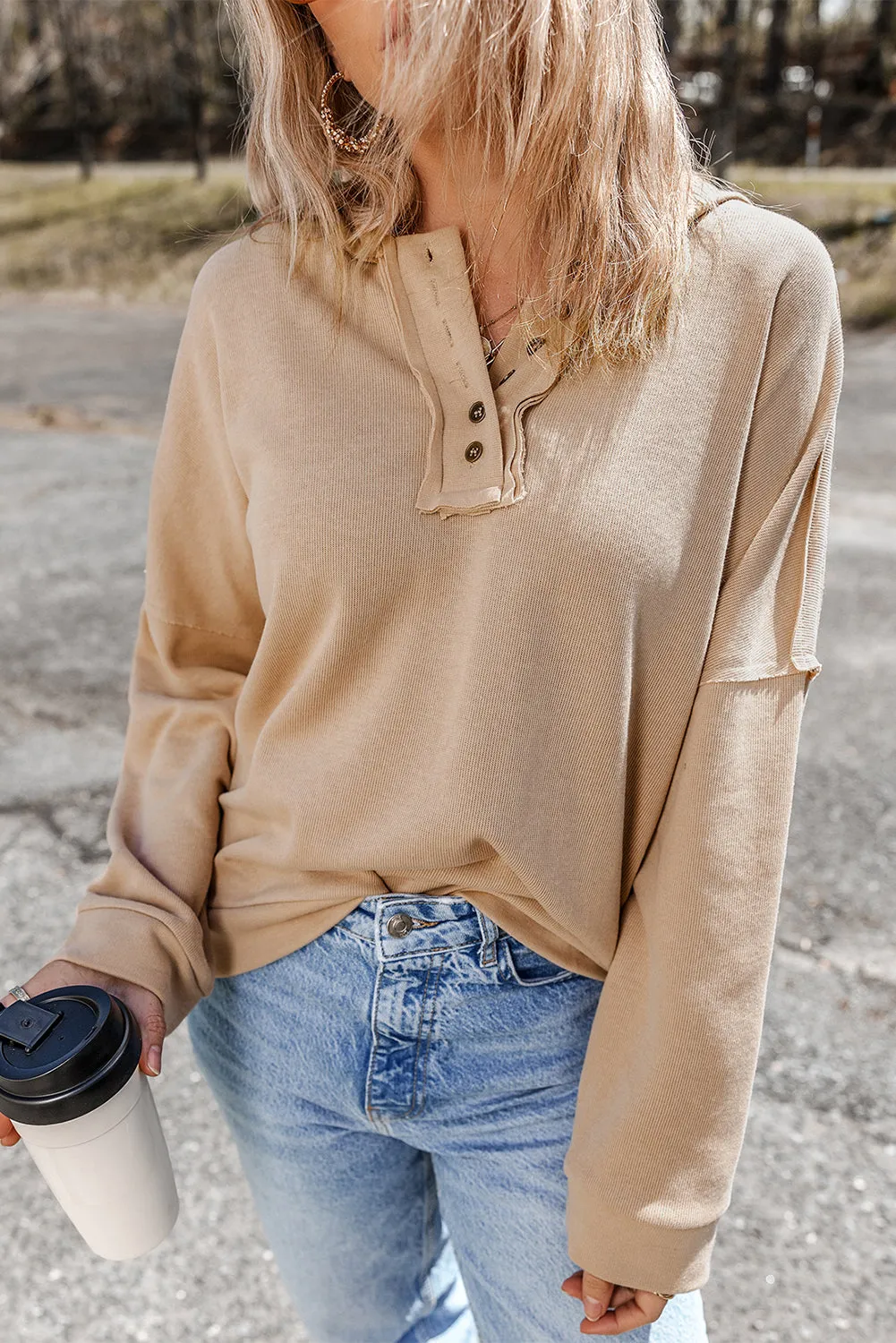 Casual Button Solid Patchwork Trim Hoodie sold by Beagle Boutique product image thumbnail 4