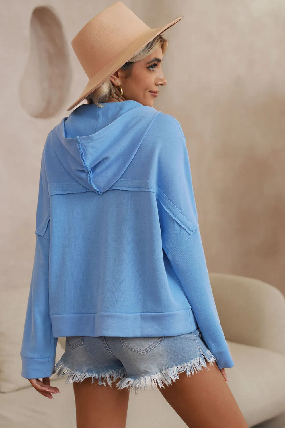Sky Blue Casual Button Solid Patchwork Trim Hoodie sold by Beagle Boutique product image thumbnail 2
