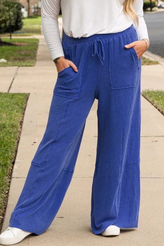 Sky Blue Corded Drawstring High Waist Pocket Plus Size Wide Leg Trousers sold by Beagle Boutique