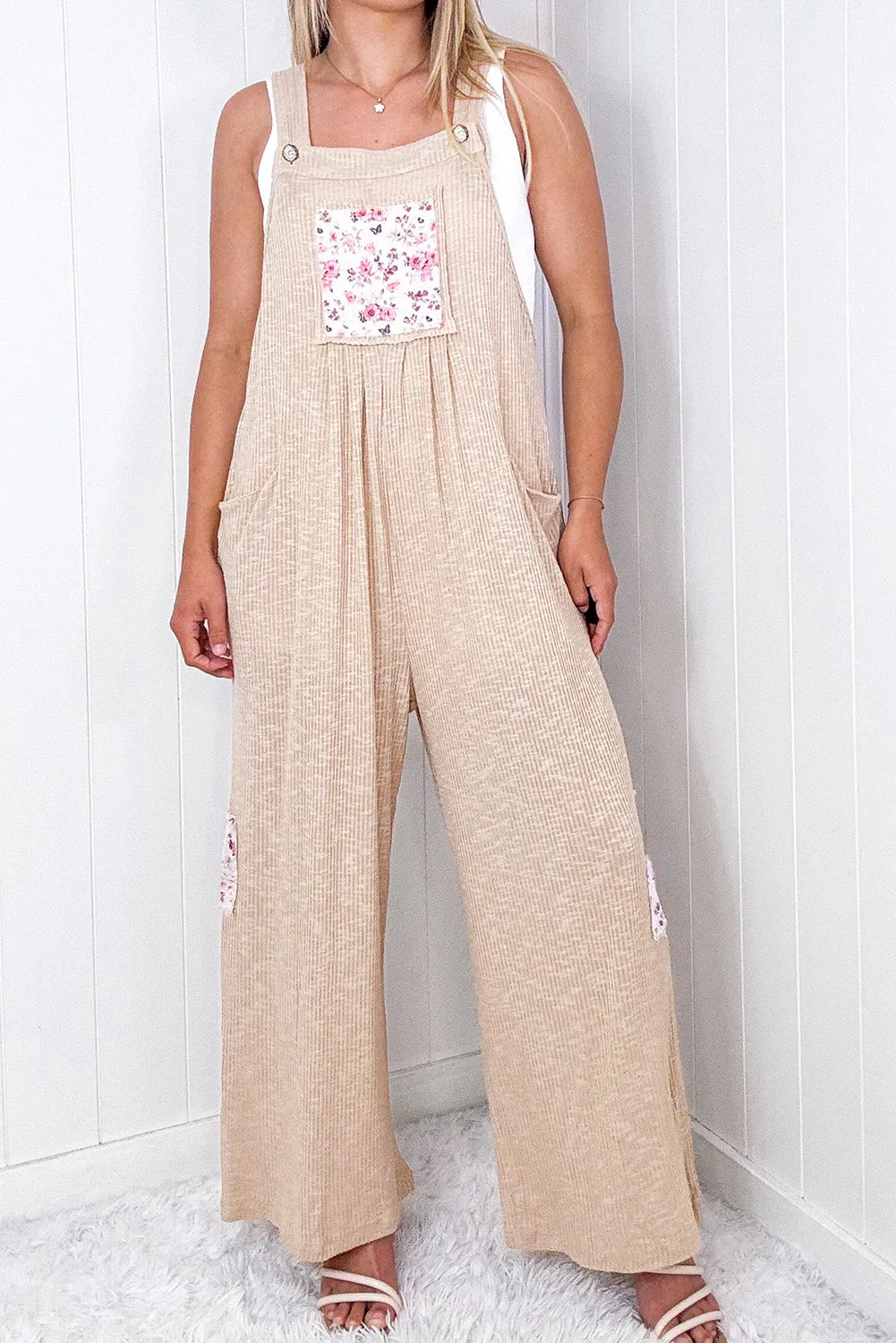 Jet Stream Floral Patchwork Ribbed Side Pockets Wide Leg Jumpsuit sold by Beagle Boutique