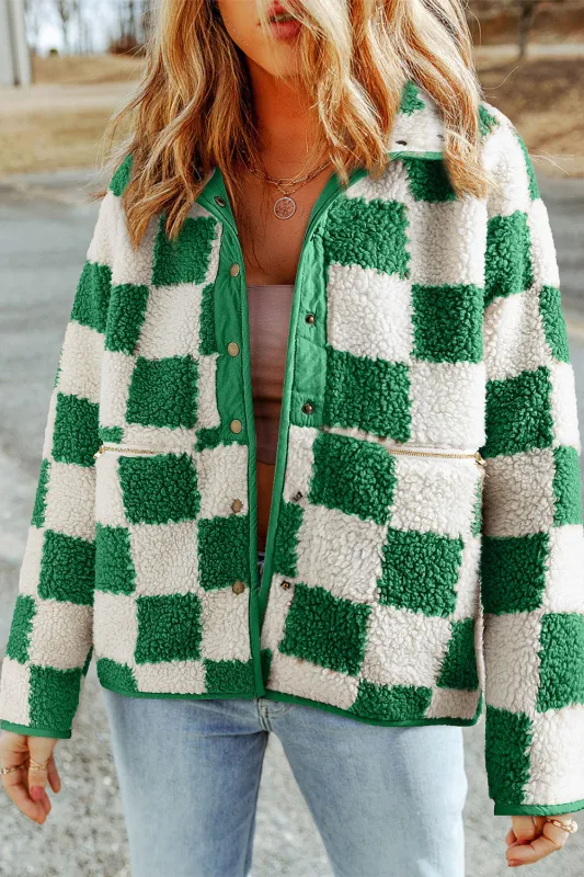 Lapis Checked Snap Button Sherpa Jacket sold by Beagle Boutique