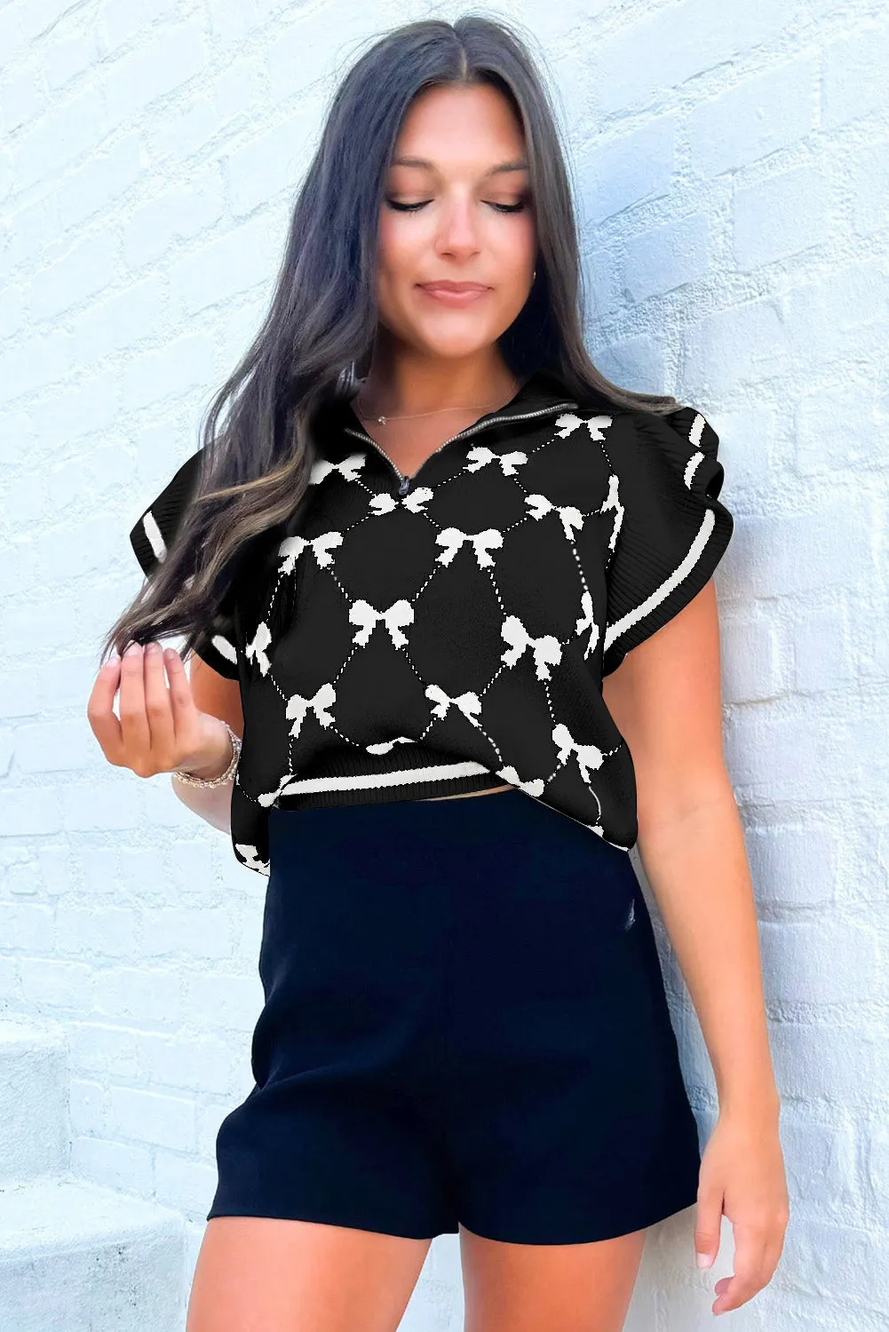 Black Preppy Vibes Bow Print Zipped Collar Sweater Tee sold by Beagle Boutique product image thumbnail 2