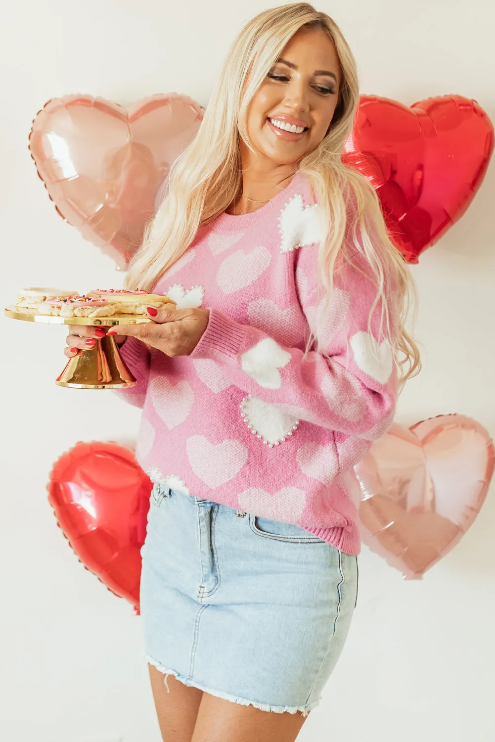 Pink Pearled Heart Print Valentines Crew Neck Sweater sold by Beagle Boutique product image thumbnail 3