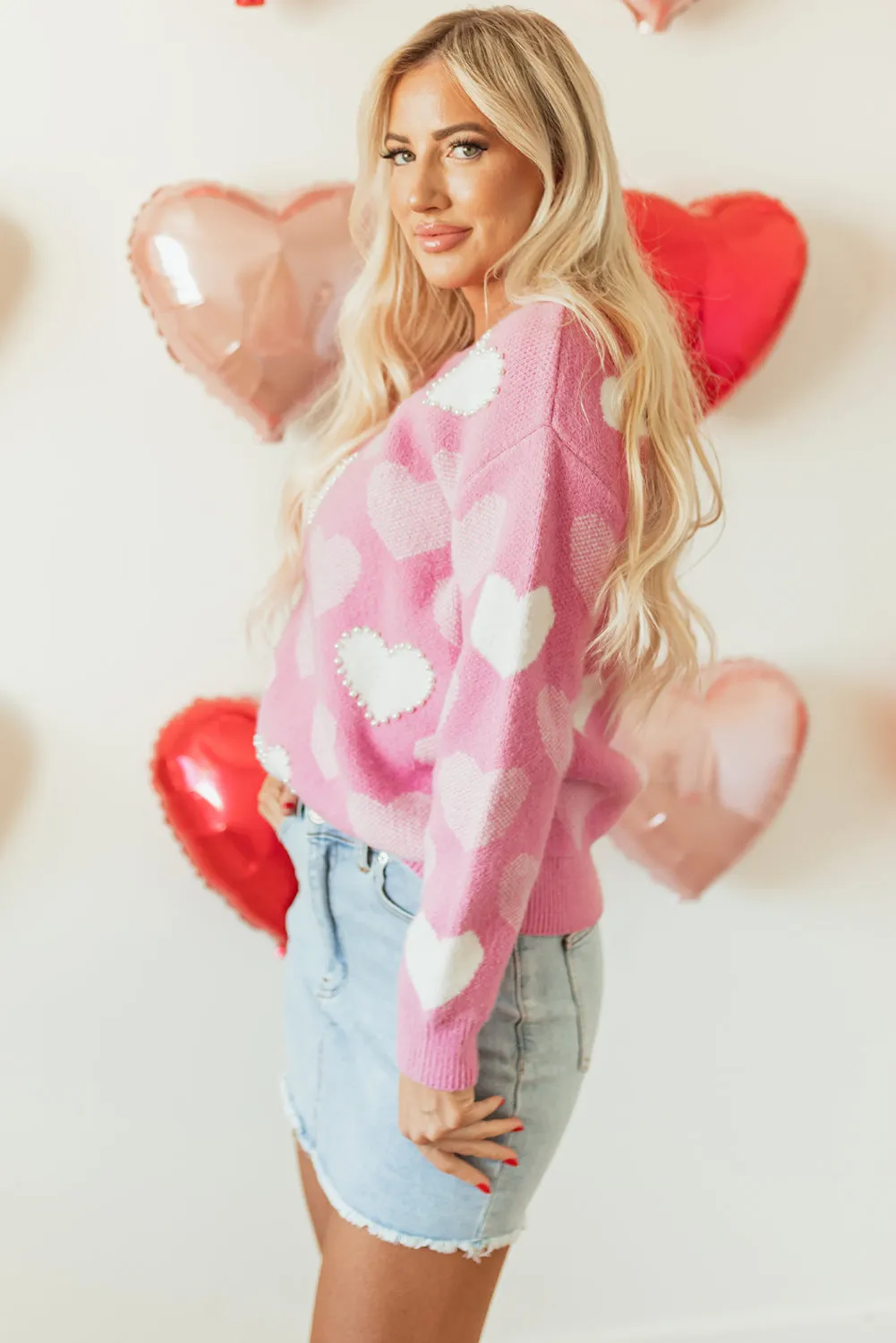 Pink Pearled Heart Print Valentines Crew Neck Sweater sold by Beagle Boutique product image thumbnail 5
