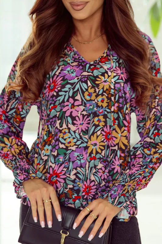 MultiColour Floral Print Ruffled Long Sleeve V-Neck Blouse sold by Beagle Boutique