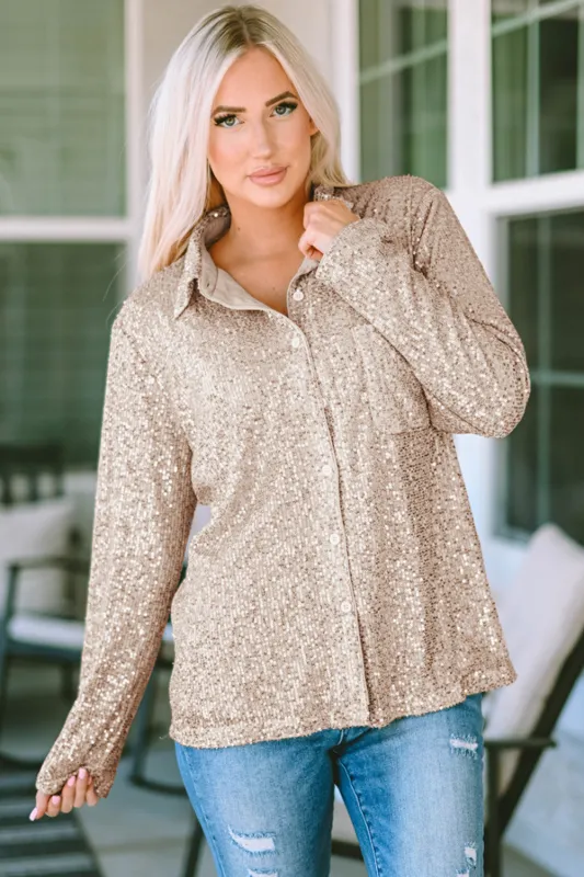 Apricot Sequin Collared Bust Pocket Buttoned Shirt sold by Beagle Boutique