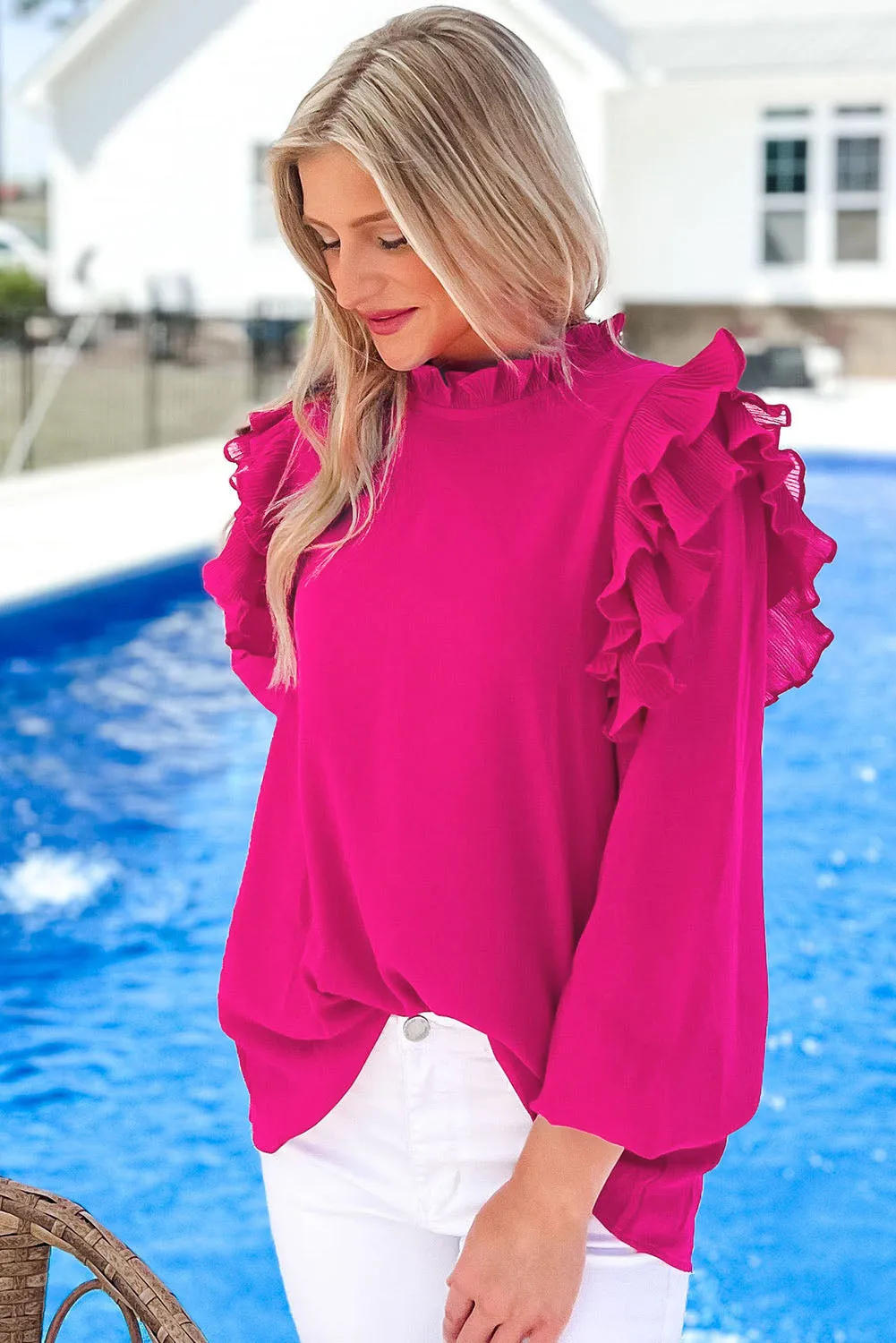 Rose Button Keyhole Back Pleated Ruffle Trim Blouse sold by Beagle Boutique product image thumbnail 3