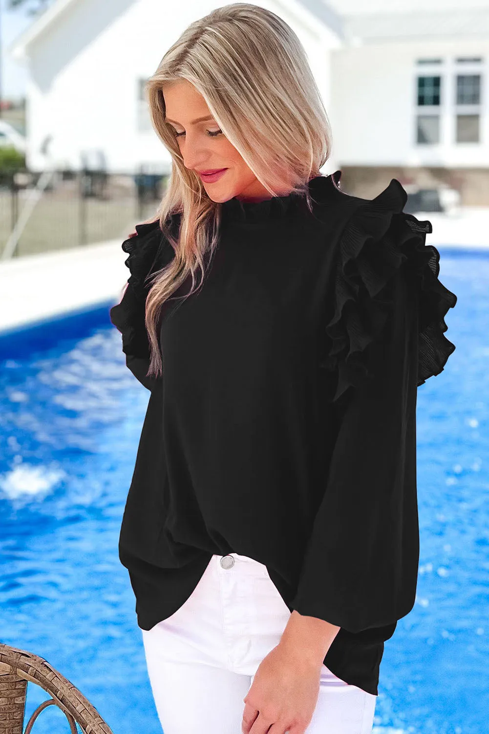 Black Button Keyhole Back Pleated Ruffle Trim Blouse sold by Beagle Boutique product image thumbnail 3