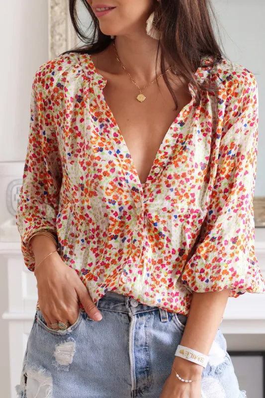 Multicolor Boho Floral Print Button Front Shirt sold by Beagle Boutique