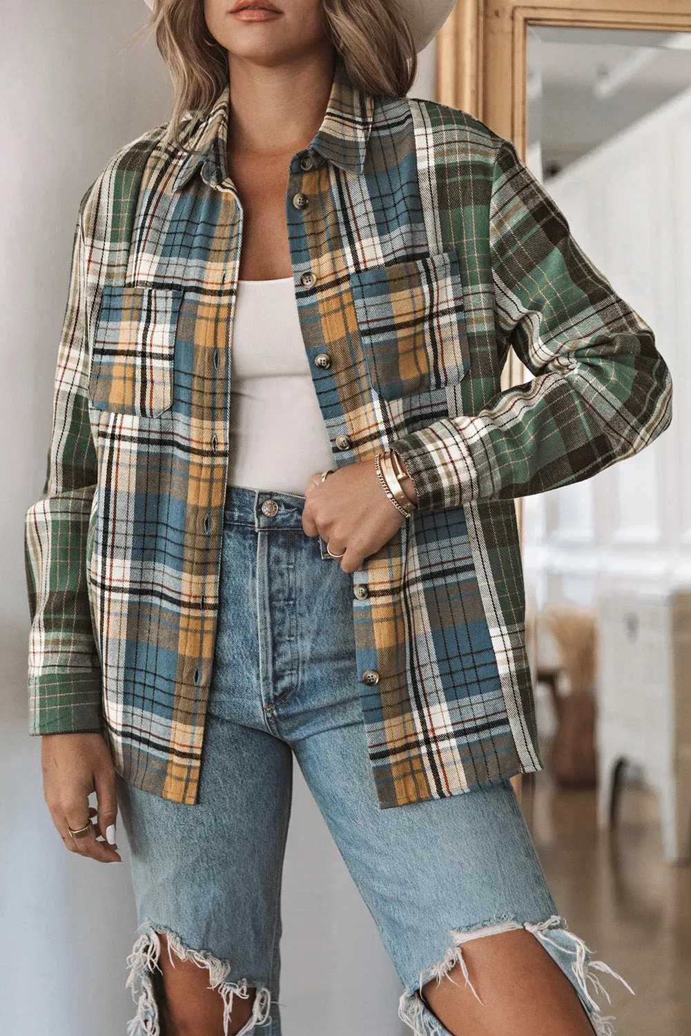 Green Chest Pockets Button Up Plaid Shacket sold by Beagle Boutique product image thumbnail 3