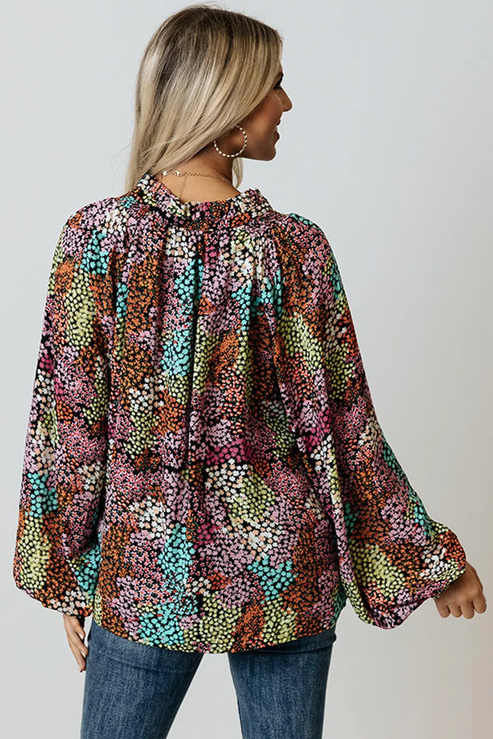 MultiColour Vibrant Floral Tie V Neck Puff Sleeve Blouse sold by Beagle Boutique product image thumbnail 2
