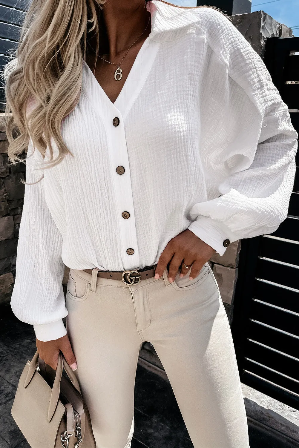 White Turn-down Collar V Neck Crinkled Cuffed Shirt sold by Beagle Boutique