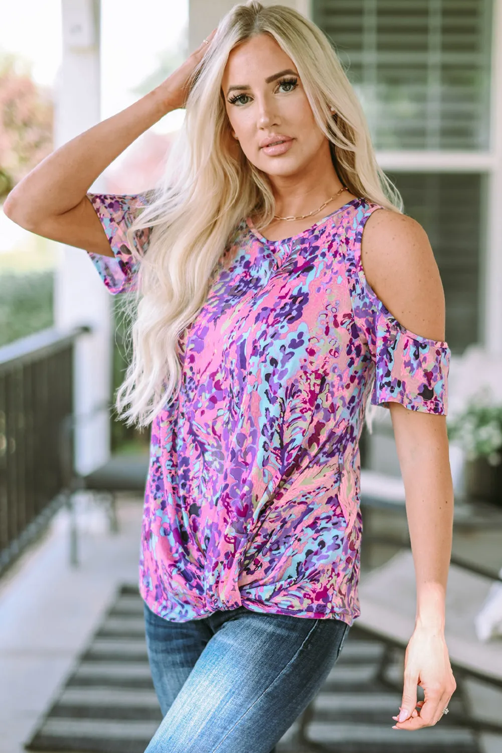 MultiColour Lavender Floral Print Cold Shoulder Blouse sold by Beagle Boutique product image thumbnail 3