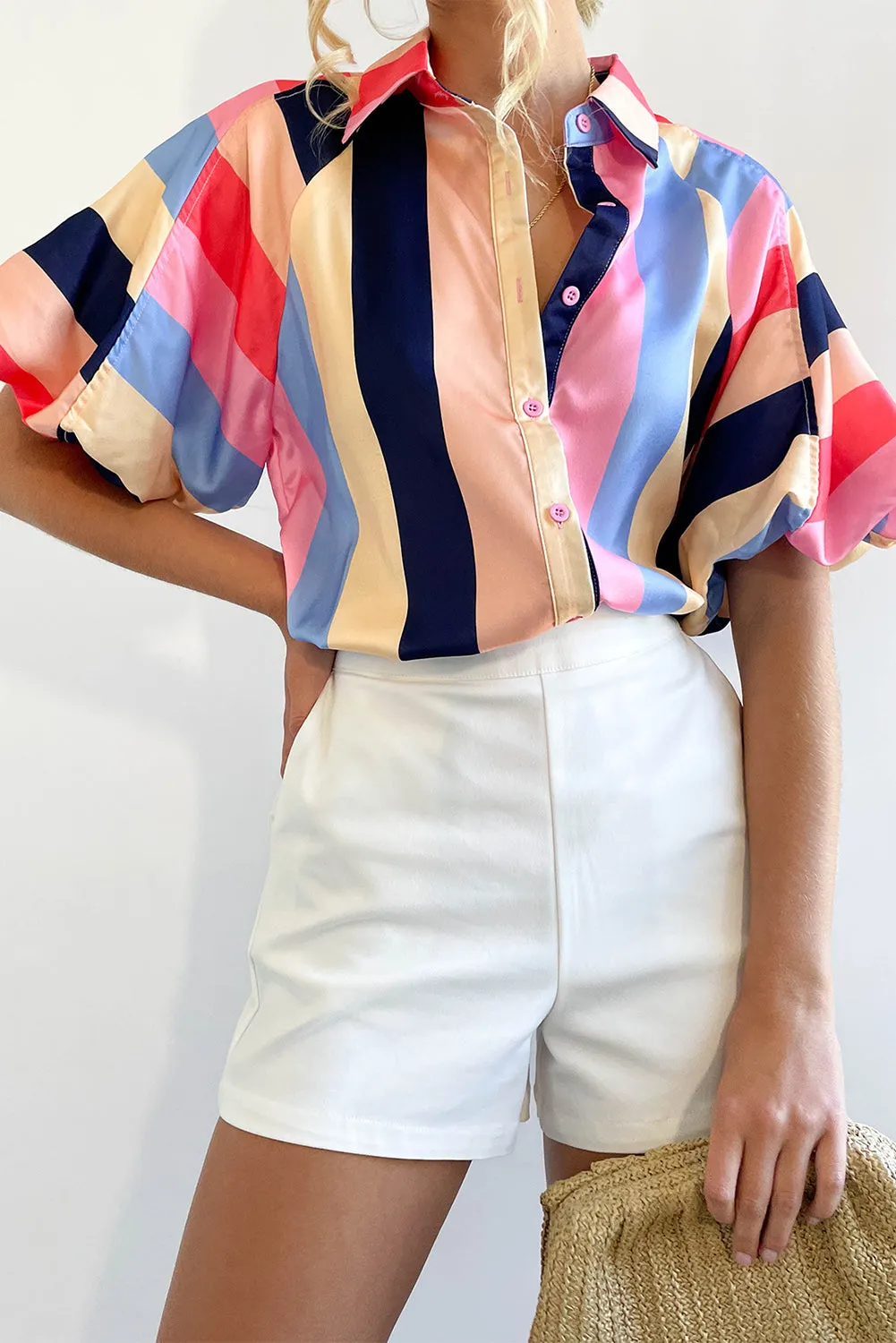 Multicolor Color Block Striped Puff Sleeve Buttoned Shirt sold by Beagle Boutique