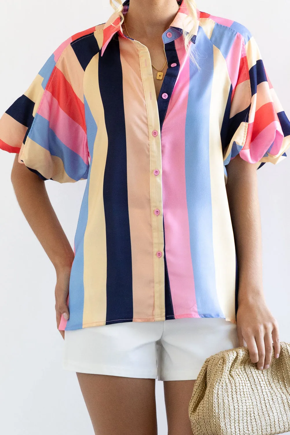 Multicolor Color Block Striped Puff Sleeve Buttoned Shirt sold by Beagle Boutique product image thumbnail 2