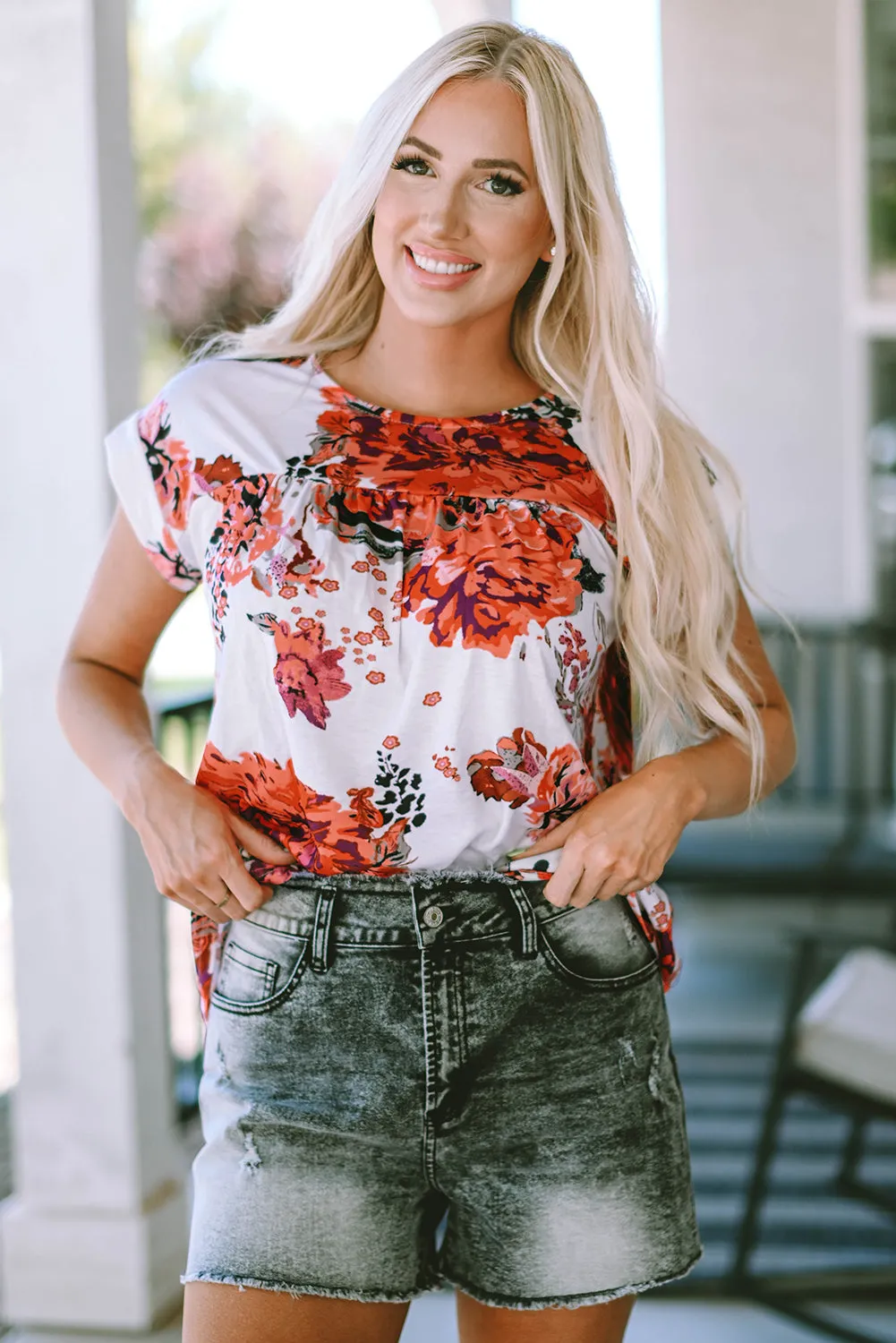 Fiery Red Floral Short Sleeve Round Neck Blouse sold by Beagle Boutique