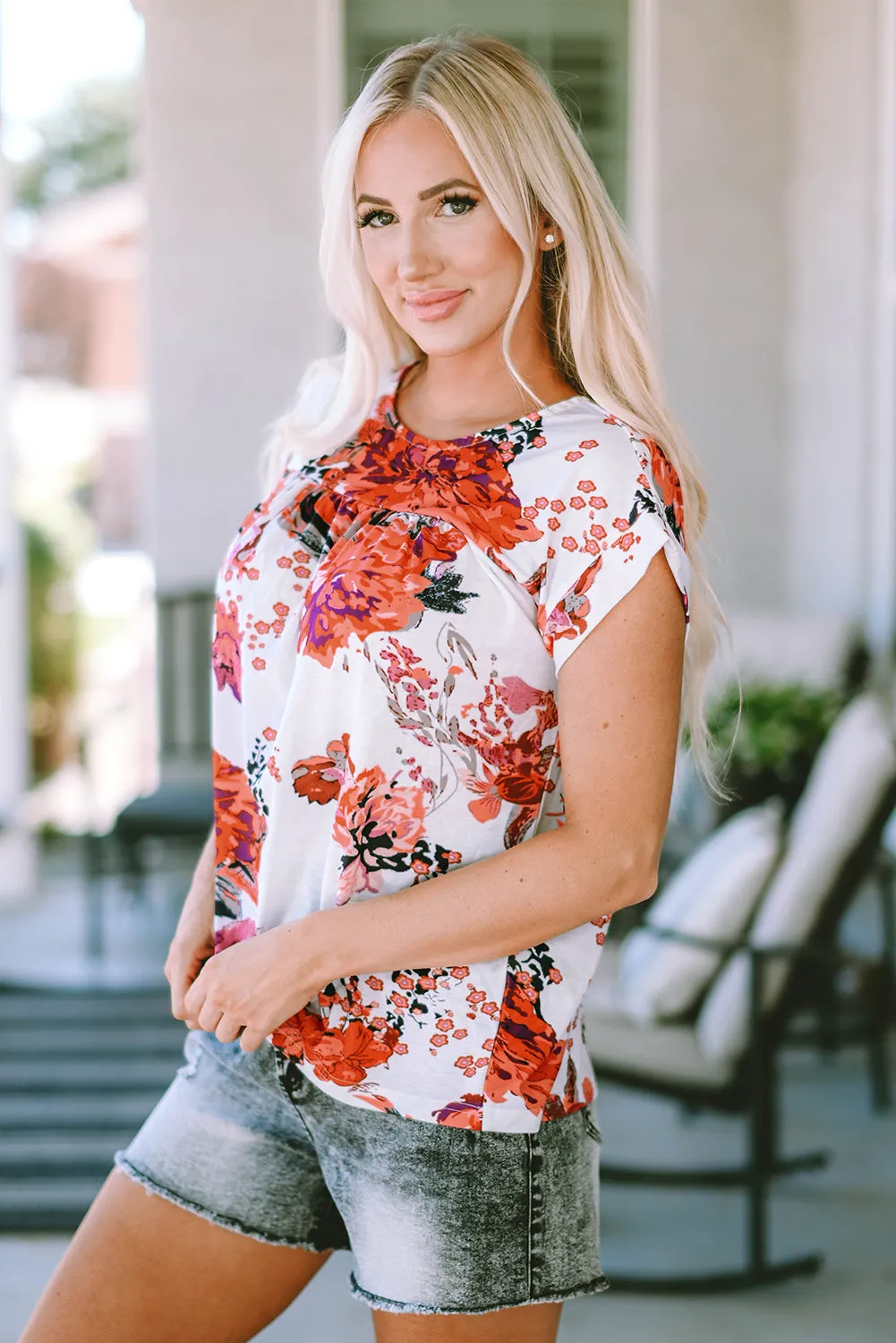 Fiery Red Floral Short Sleeve Round Neck Blouse sold by Beagle Boutique product image thumbnail 3