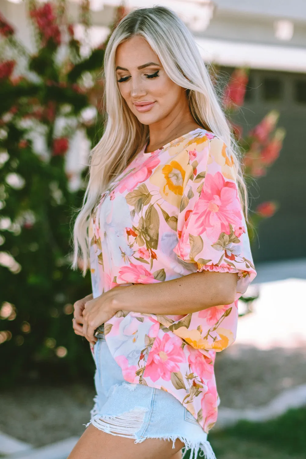 Pink Shirred Cuff 3/4 Sleeve Loose Fit Floral Blouse sold by Beagle Boutique product image thumbnail 3
