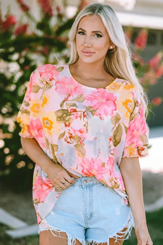 Pink Shirred Cuff 3/4 Sleeve Loose Fit Floral Blouse made by Beagle Boutique