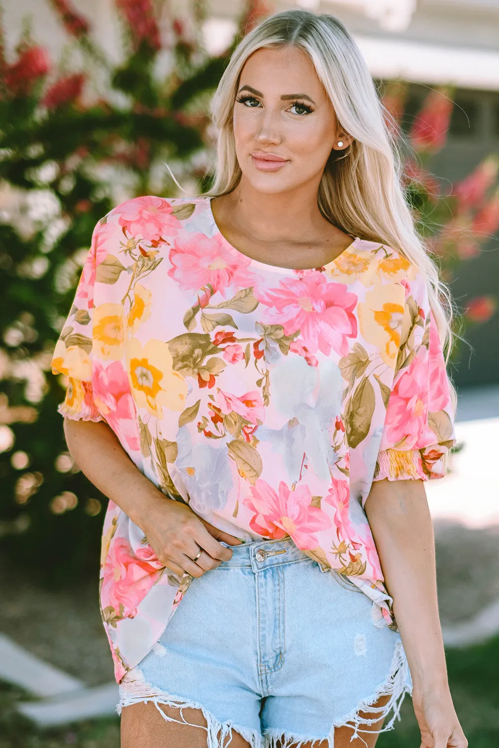 Pink Shirred Cuff 3/4 Sleeve Loose Fit Floral Blouse sold by Beagle Boutique