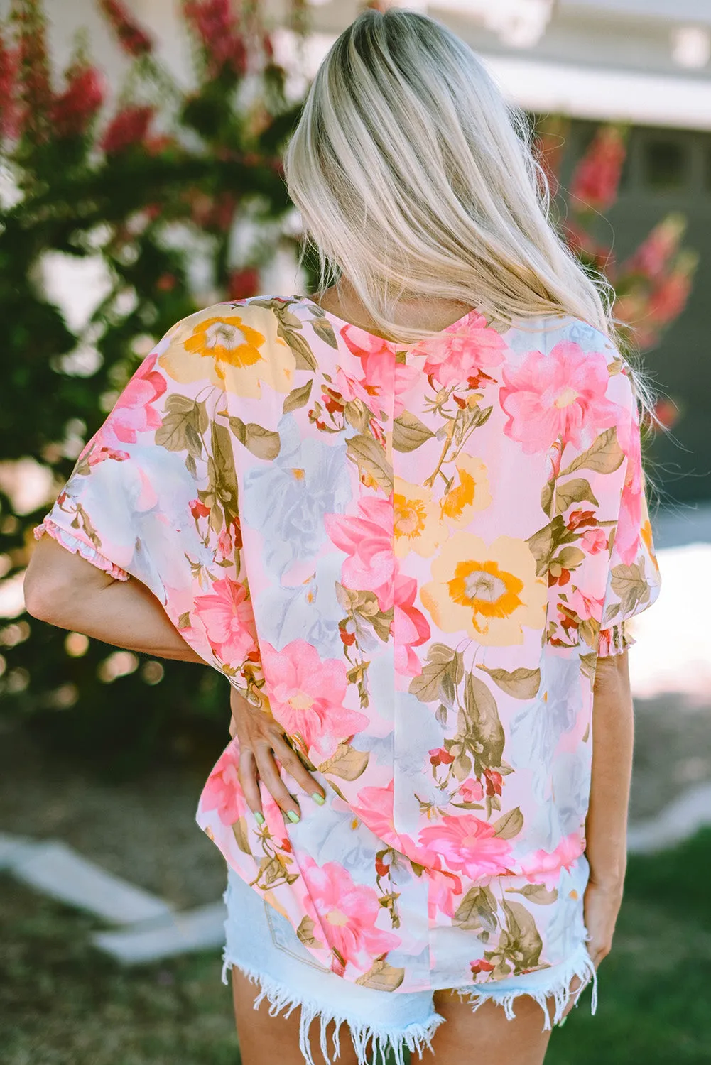 Pink Shirred Cuff 3/4 Sleeve Loose Fit Floral Blouse sold by Beagle Boutique product image thumbnail 2