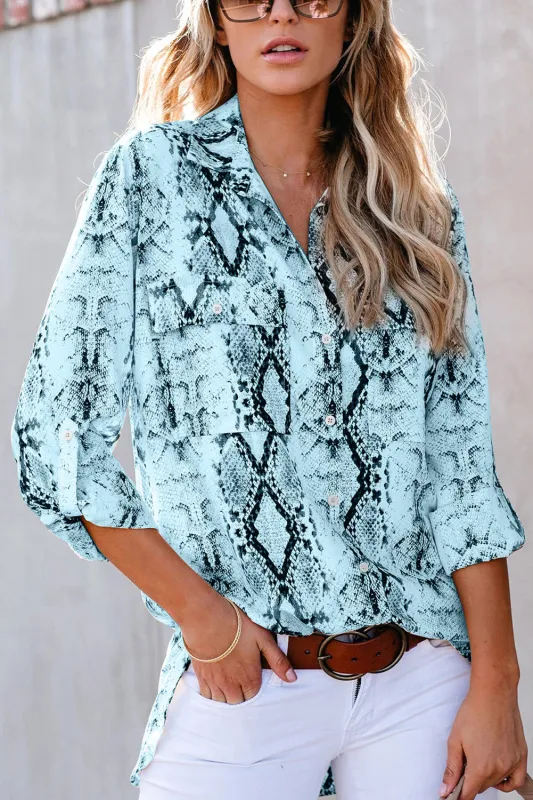 Blue Wild Snake Print Shirt with Pockets sold by Beagle Boutique