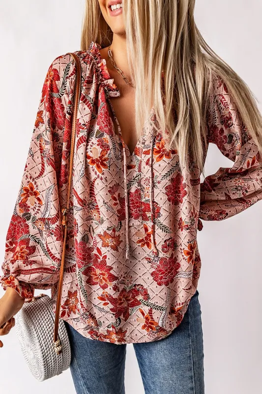 Pink Split V Neck Printed Blouse sold by Beagle Boutique
