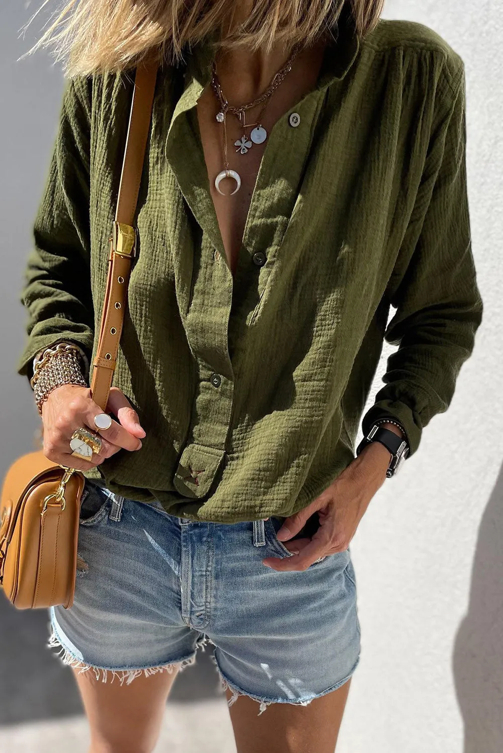 Jungle Green Crinkle Textured Button Up Long Sleeve Shirt sold by Beagle Boutique