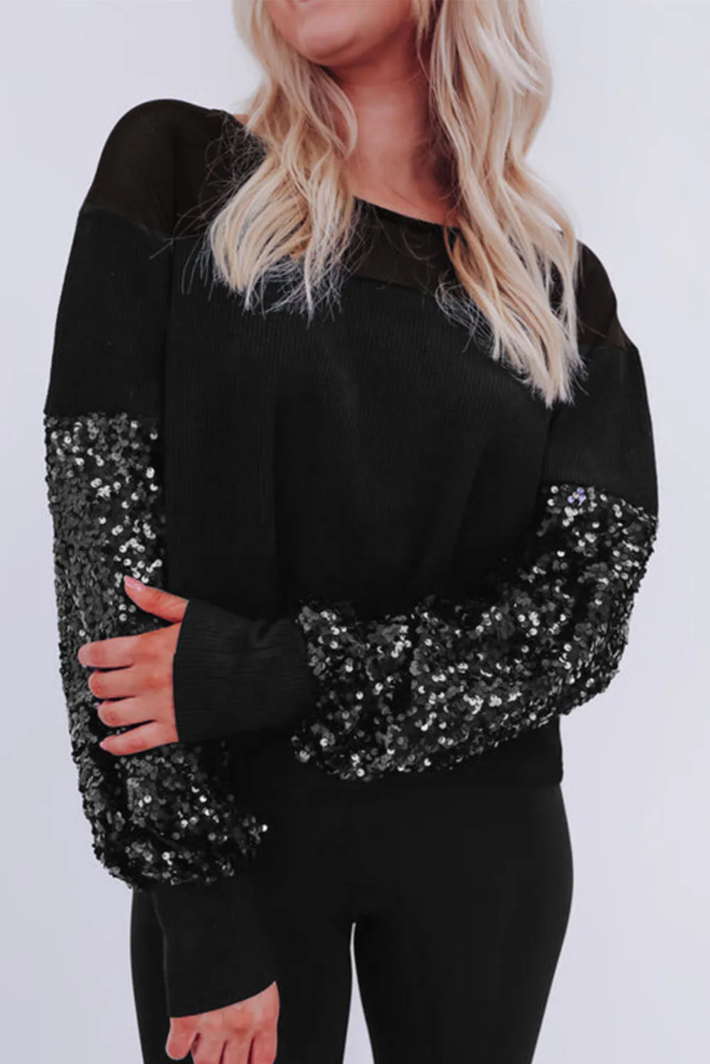 Black Sequin Patchwork Lantern Sleeve Blouse sold by Beagle Boutique