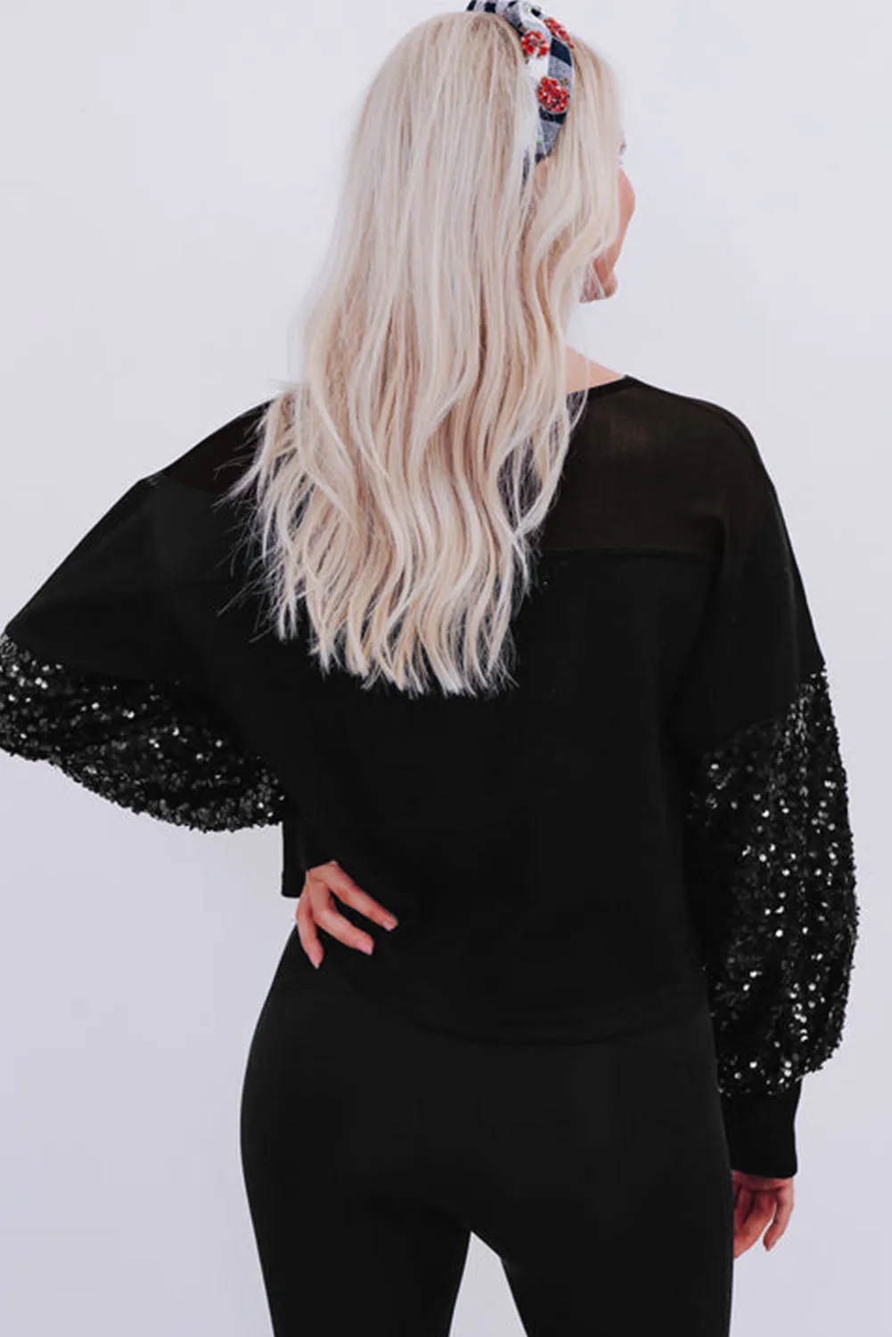 Black Sequin Patchwork Lantern Sleeve Blouse sold by Beagle Boutique product image thumbnail 2