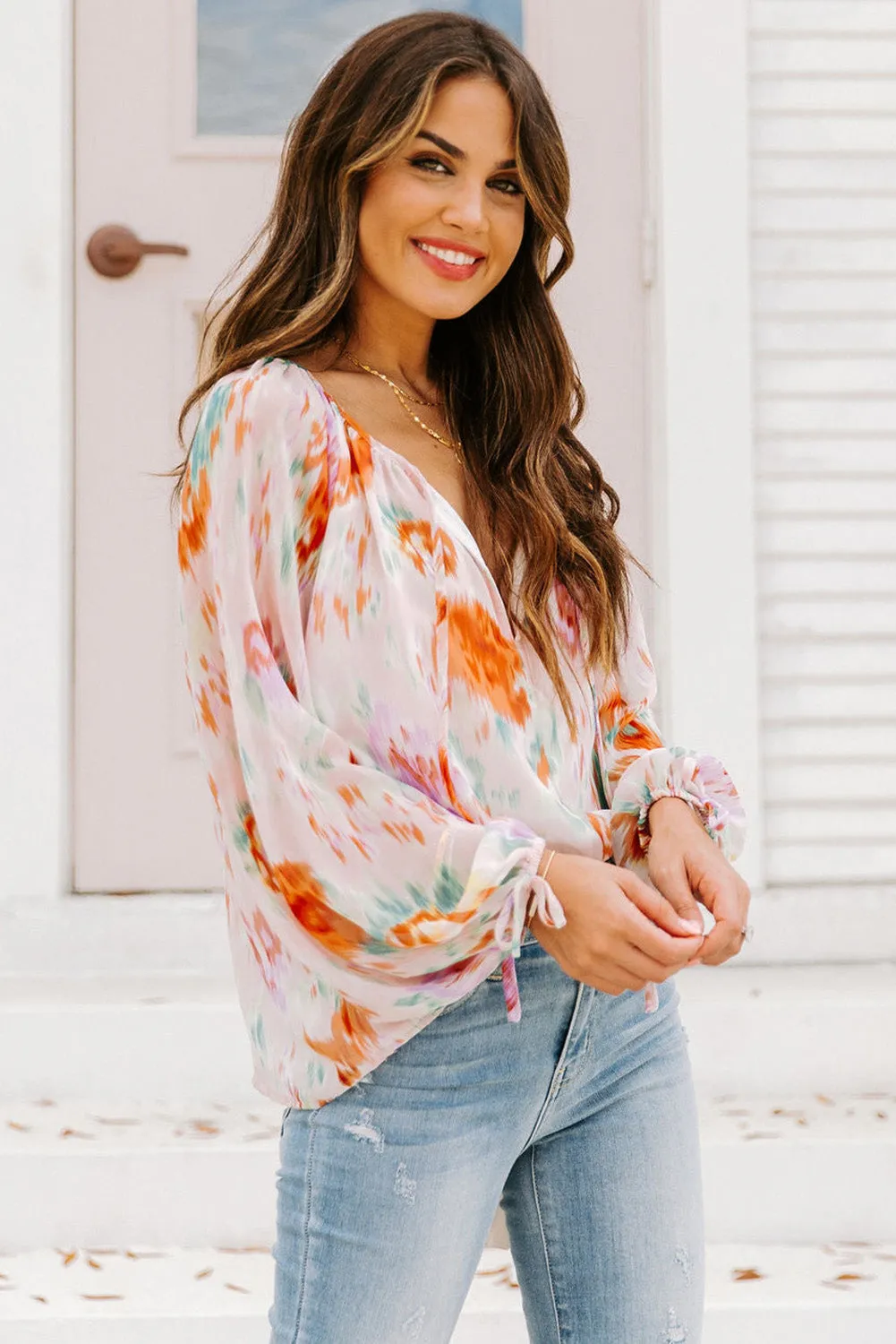 MultiColour Abstract Print Split Neck Puff Sleeve Blouse sold by Beagle Boutique product image thumbnail 3