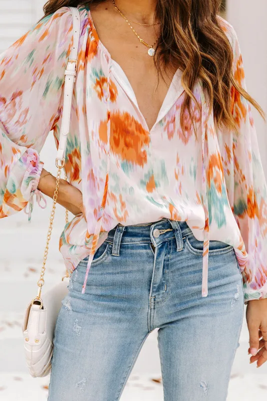 MultiColour Abstract Print Split Neck Puff Sleeve Blouse made by Beagle Boutique