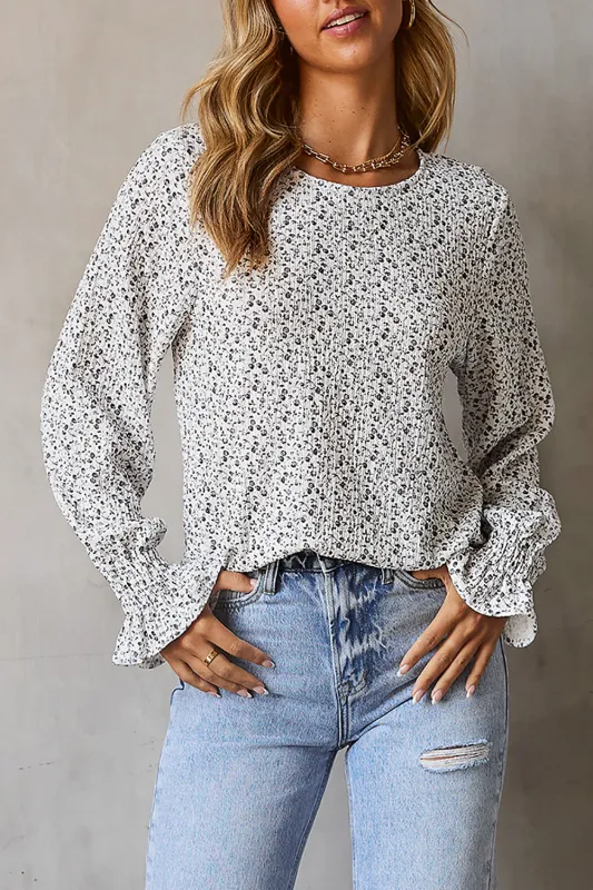 Black Floral Printed Crinkled Ruffled Bubble Sleeve Blouse sold by Beagle Boutique