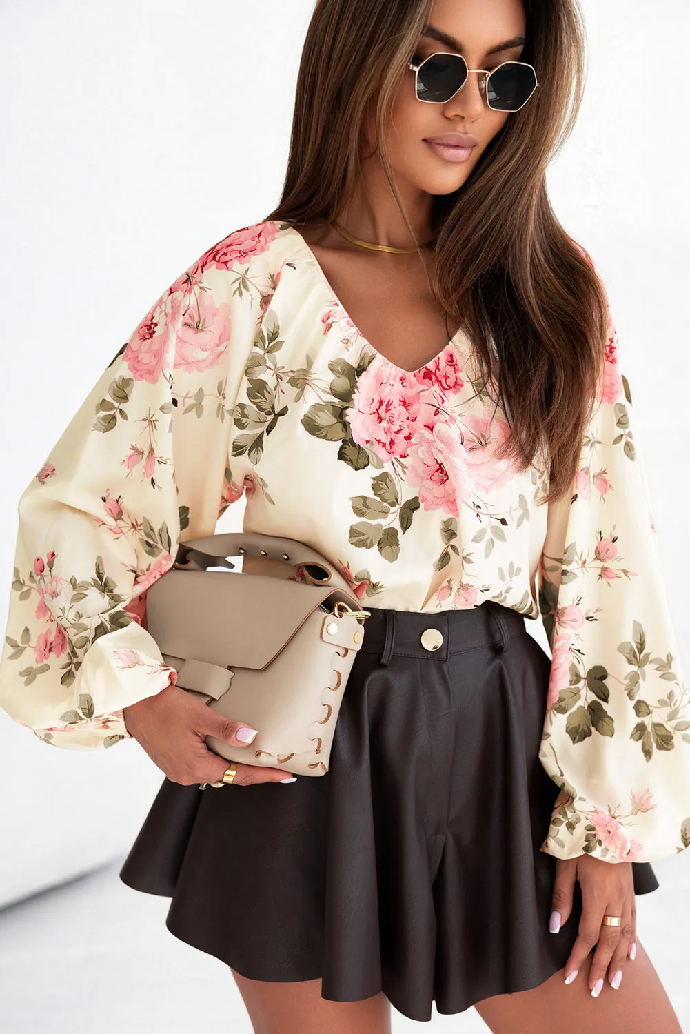 Beige Floral Print Lantern Sleeve V-Neck Blouse sold by Beagle Boutique product image thumbnail 3