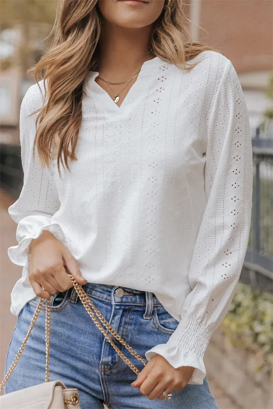 White Split Neck Textured Loose Blouse sold by Beagle Boutique