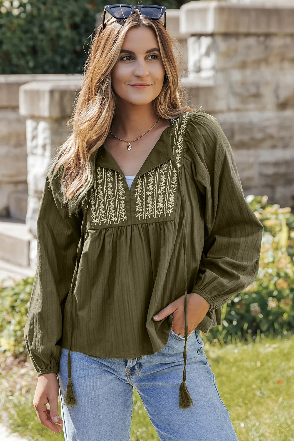 Green Embroidered Split Neck Pleated Loose Blouse sold by Beagle Boutique