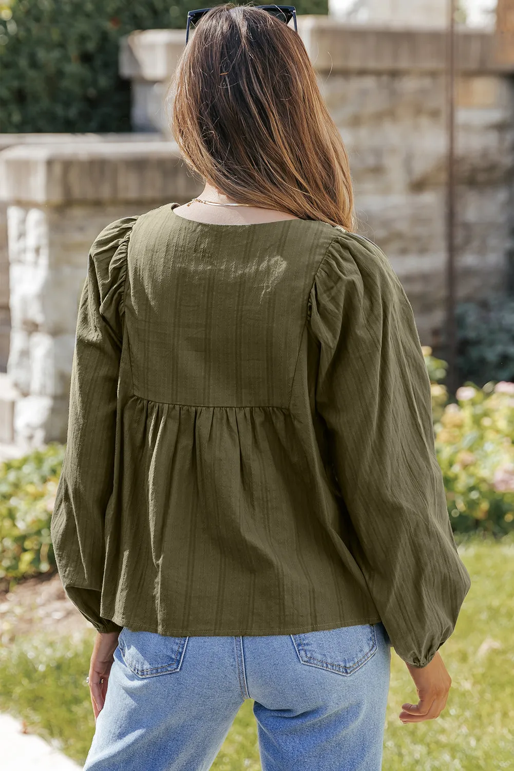 Green Embroidered Split Neck Pleated Loose Blouse sold by Beagle Boutique product image thumbnail 2