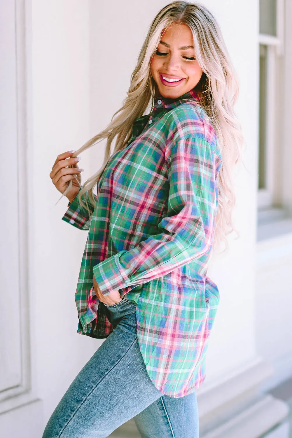 Green Plaid Long Sleeve Button Down Split Shirt sold by Beagle Boutique product image thumbnail 3