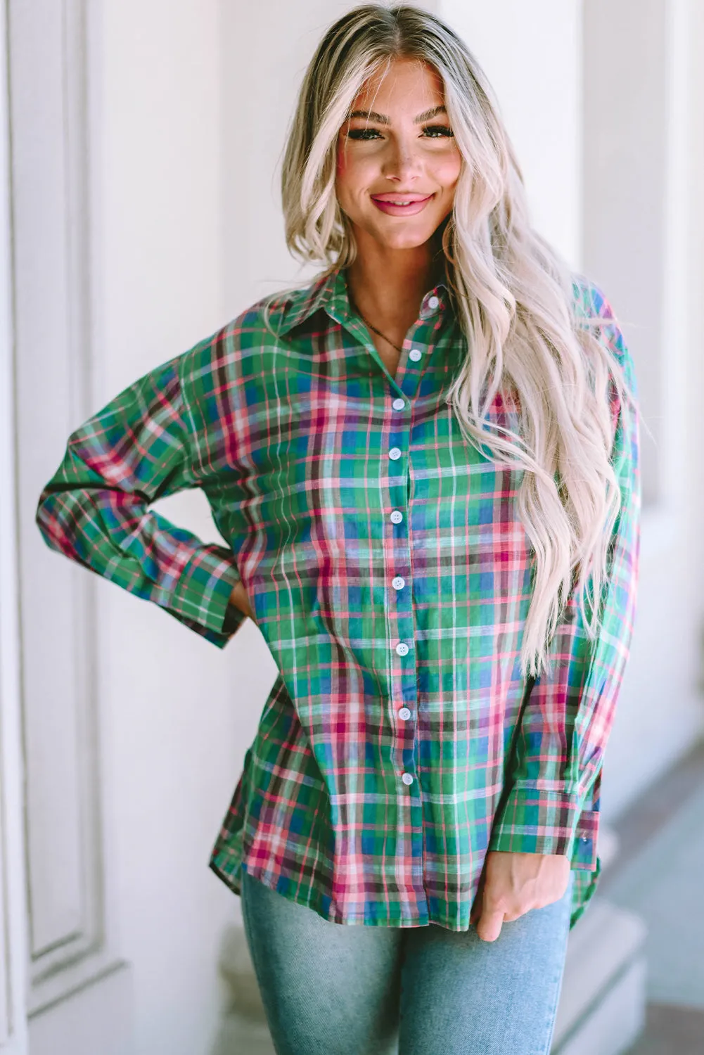Green Plaid Long Sleeve Button Down Split Shirt sold by Beagle Boutique