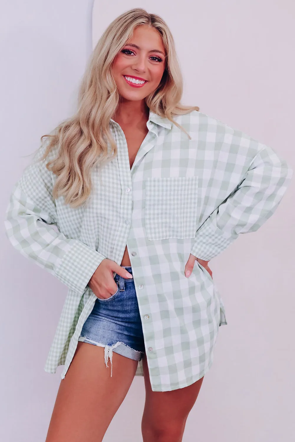 Green Mix Checked Patchwork Long Sleeve Shirt sold by Beagle Boutique product image thumbnail 3