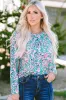 Green Floral Pleated Round Neck Long Sleeve Blouse sold by Beagle Boutique