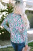 Green Floral Pleated Round Neck Long Sleeve Blouse sold by Beagle Boutique