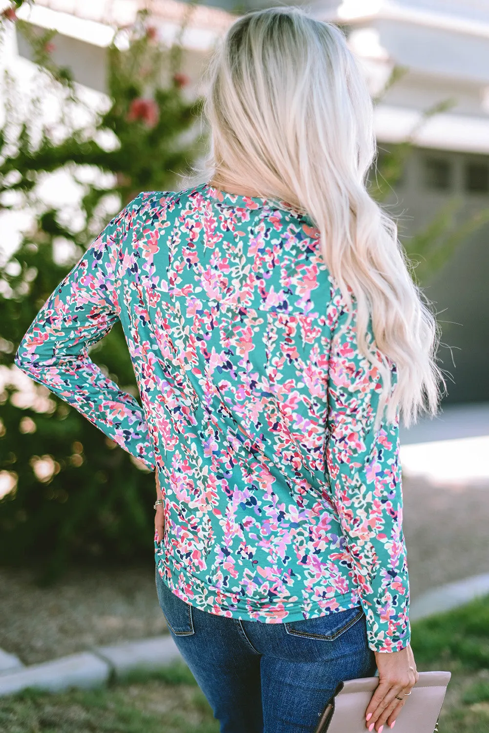 Green Floral Pleated Round Neck Long Sleeve Blouse sold by Beagle Boutique product image thumbnail 2