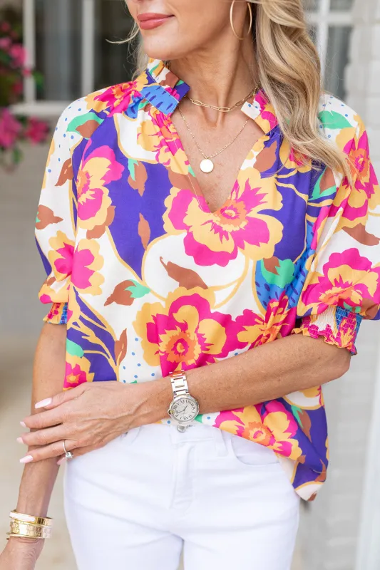 Rose Red Floral Split Neck Frilled Bubble Sleeve Blouse sold by Beagle Boutique
