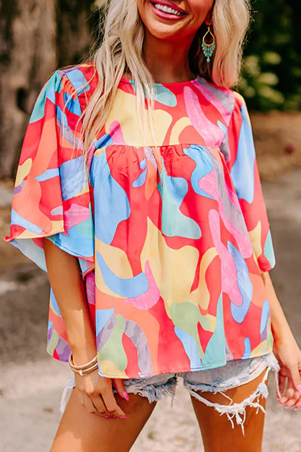 Multicolour Abstract Pattern Wide Sleeve Crew Neck Blouse sold by Beagle Boutique