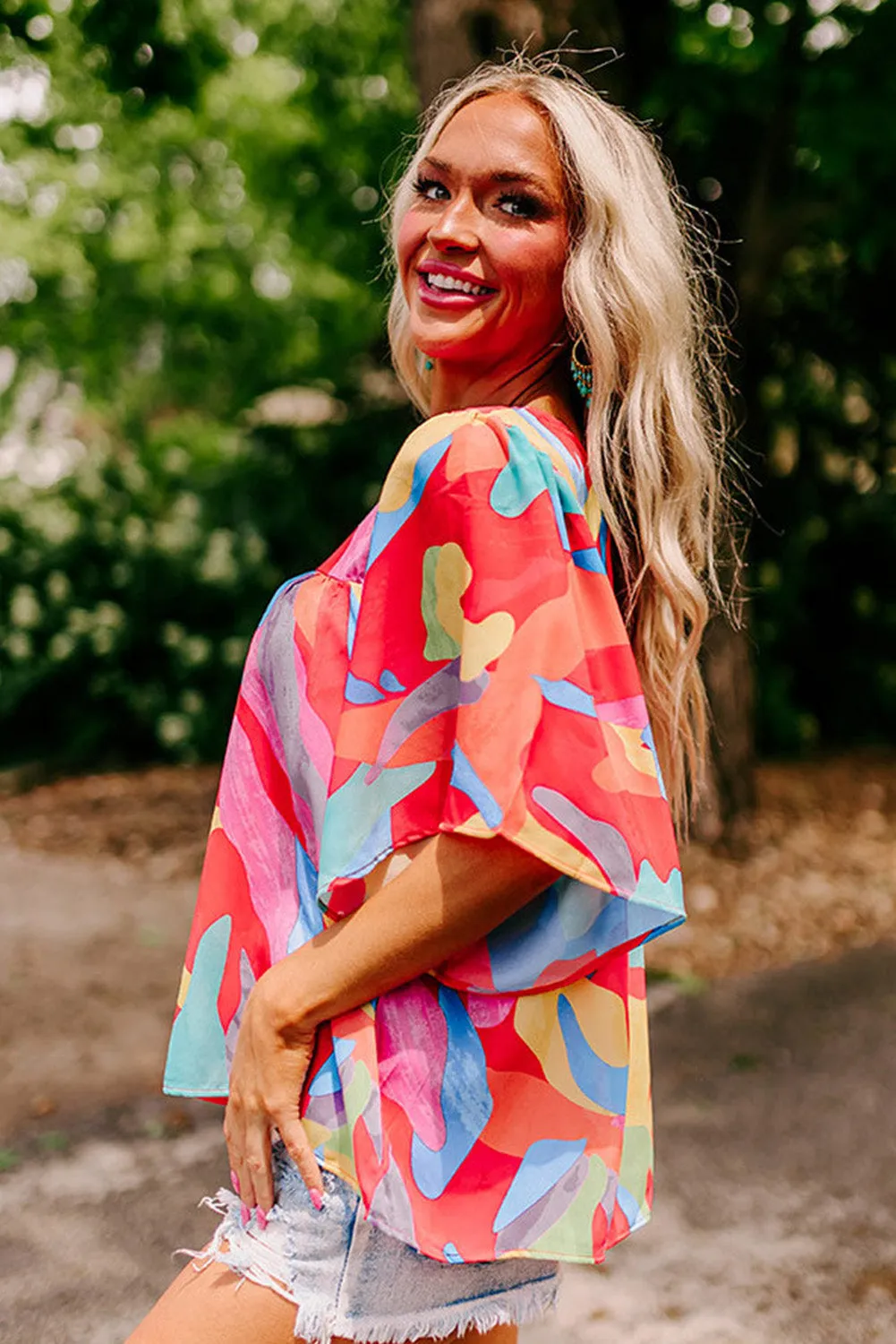 Multicolour Abstract Pattern Wide Sleeve Crew Neck Blouse sold by Beagle Boutique product image thumbnail 3