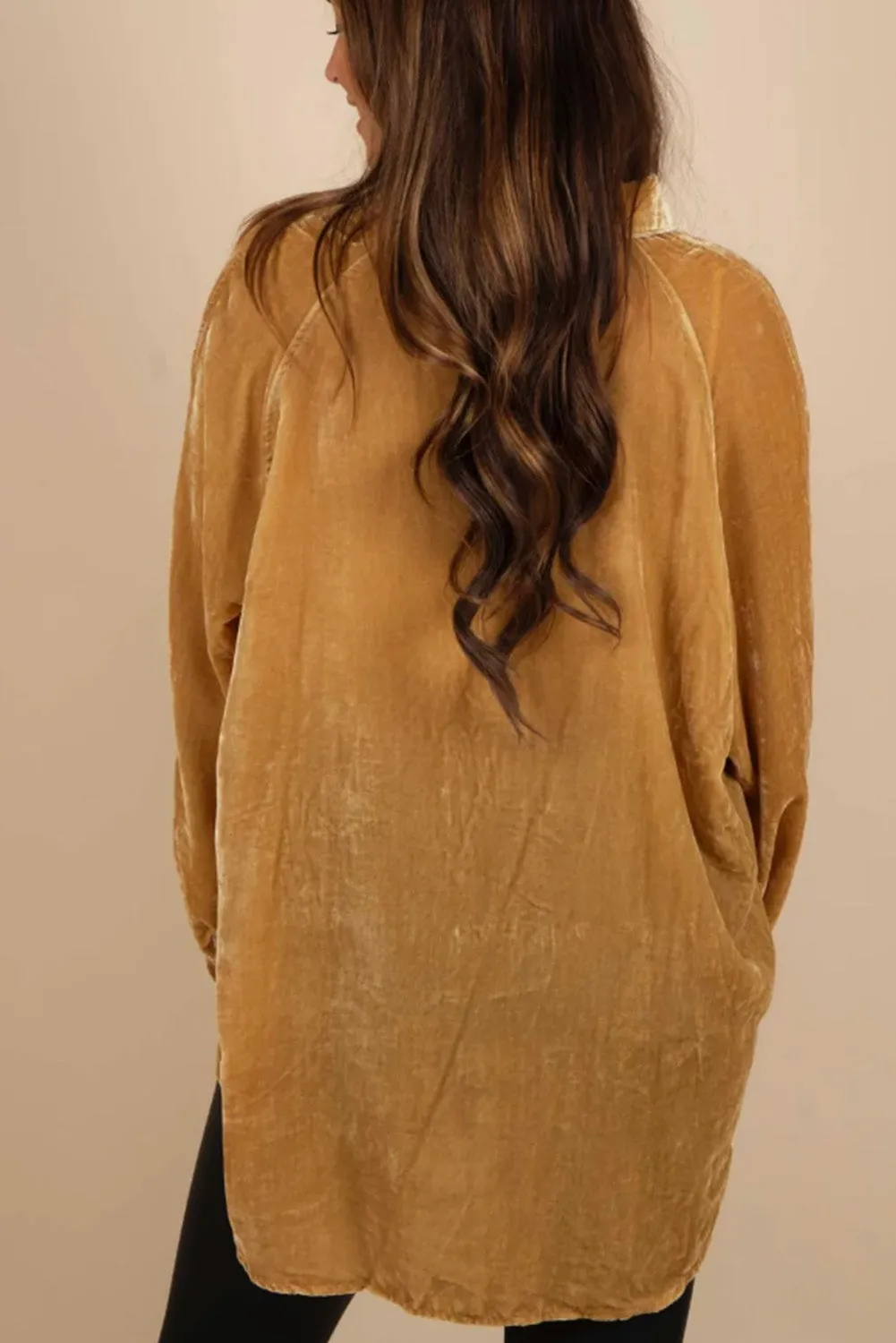 Gold Solid Colour Button Up Loose Fit Velvet Shirt sold by Beagle Boutique product image thumbnail 2